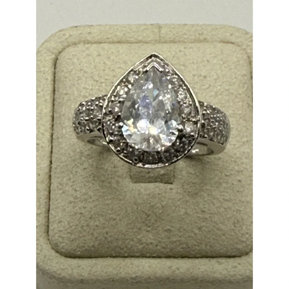 Sterling Silver CZ Ring Pear Cut Halo Cocktail Stamped RSE 925 Size 9